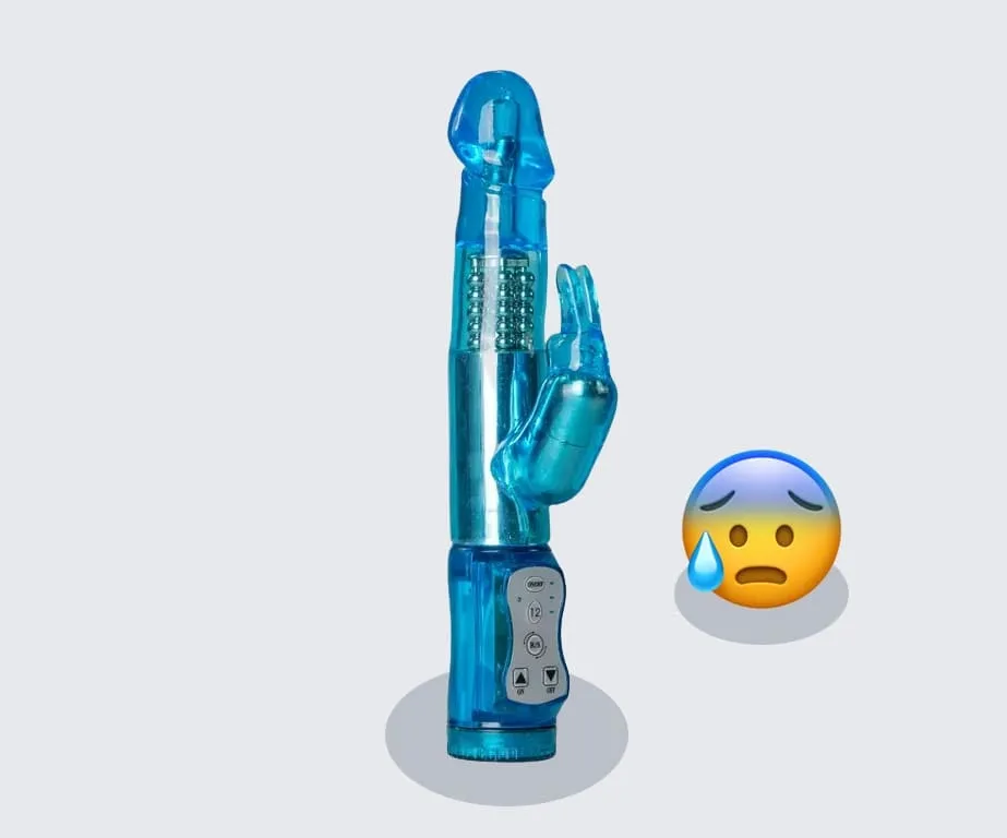 A blue rabbit vibrator and an anxiously looking emoji